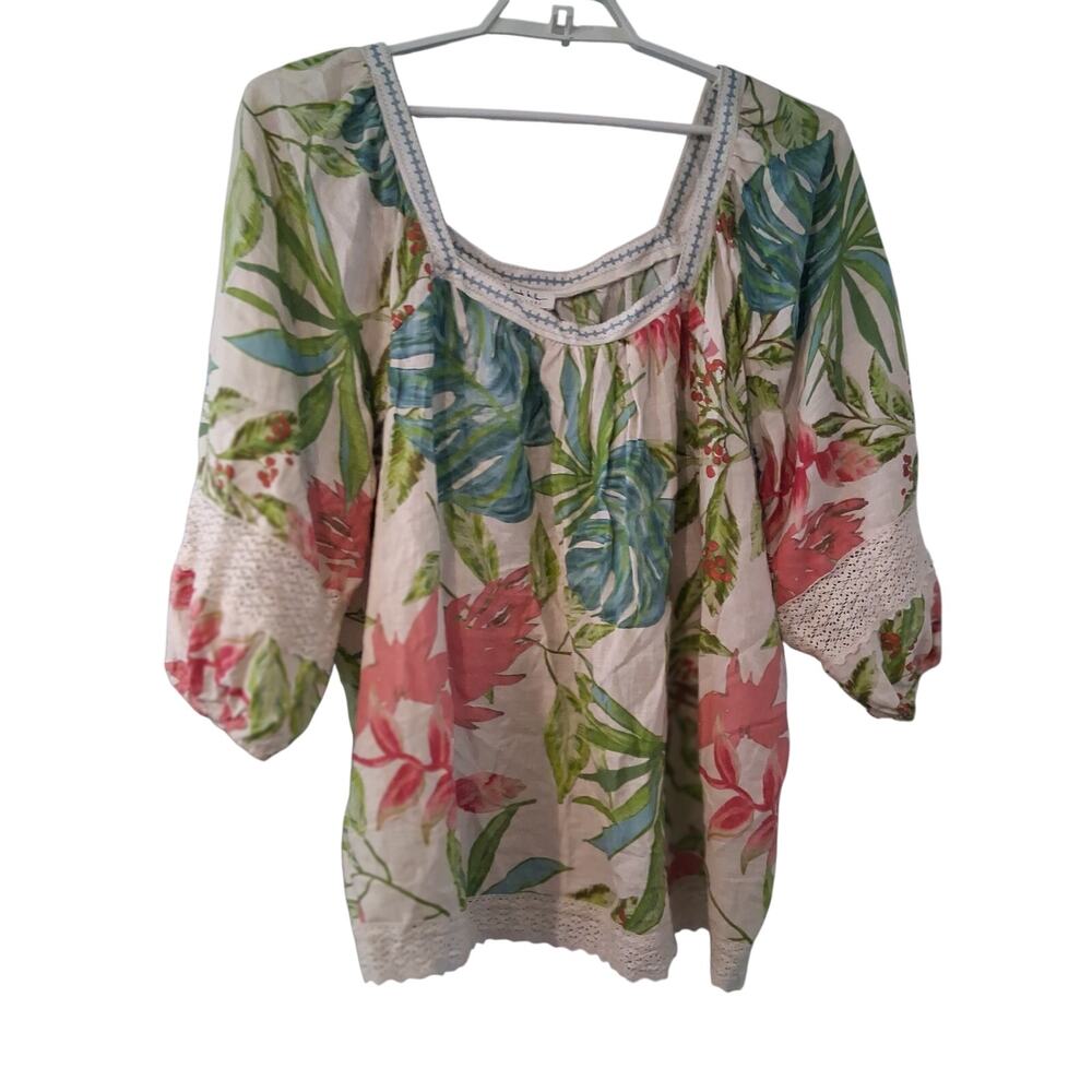 Nicole Miller top womens 3X linen blend floral crochet lace trim peasant